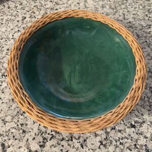 Glazed Forest Green Ceramic Bowl with Woven Wicker Rim with Maker’s Mark